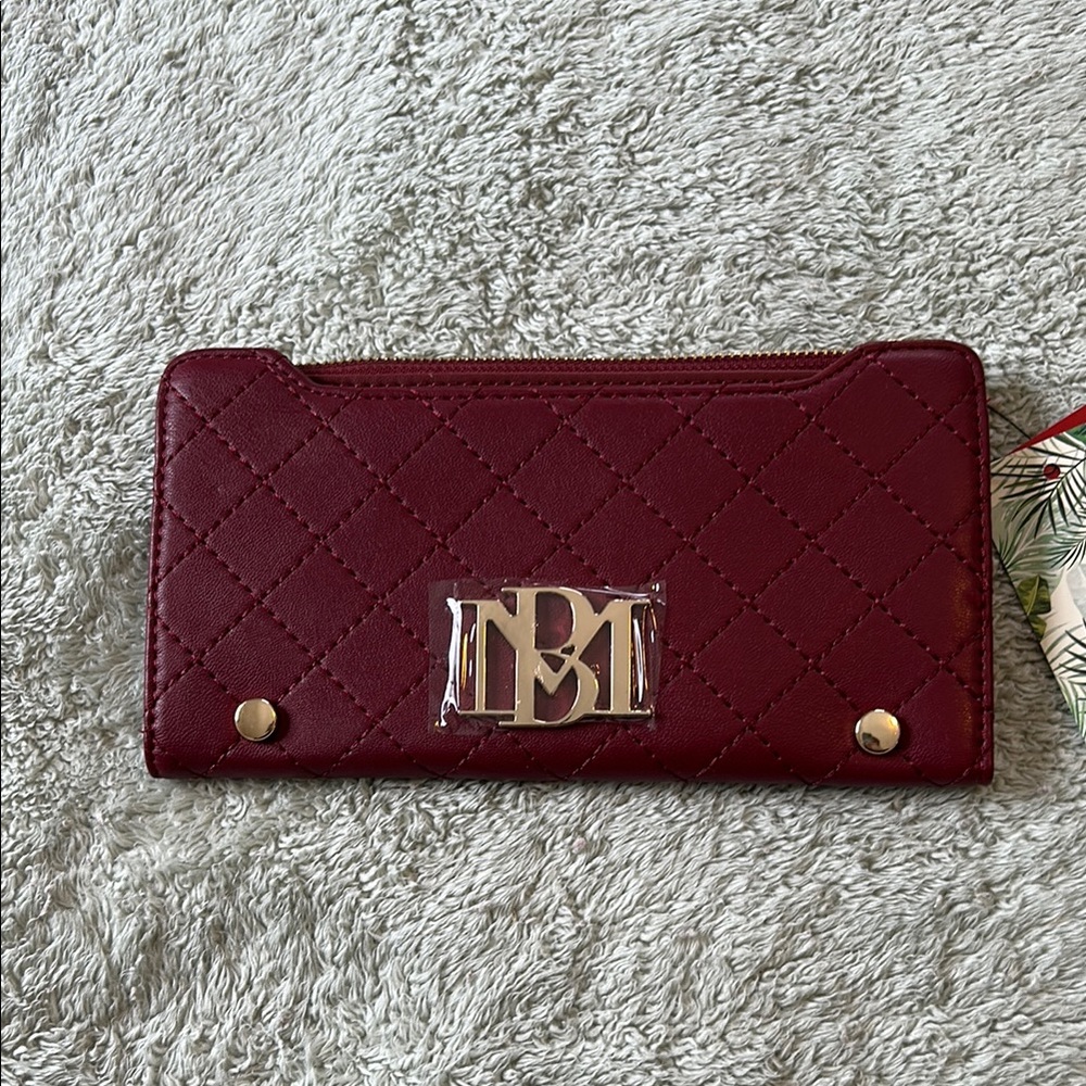Badgley Mischka Wine Quilted Wallet NWT Gold Details Long Card Holder